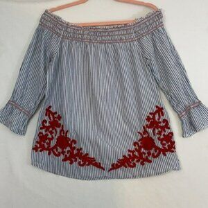 Westport Top, Floral Applique, Smocked Neck, 3/4 Sleeves, Blue & White Stripes S